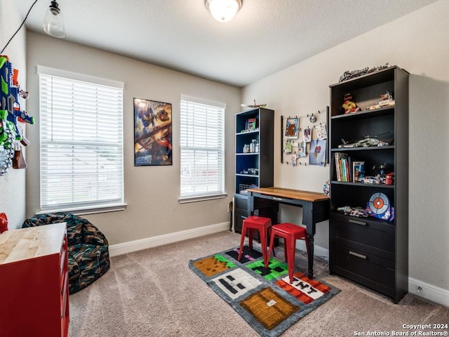 game room with light carpet