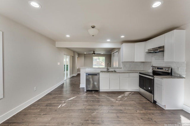 kitchen featuring white cabinetry, sink, kitchen peninsula, and stainless steel appliances