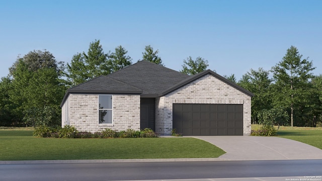 view of front of home with a front yard and a garage