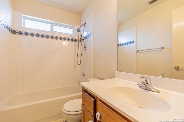 full bathroom with vanity, toilet, and bathtub / shower combination