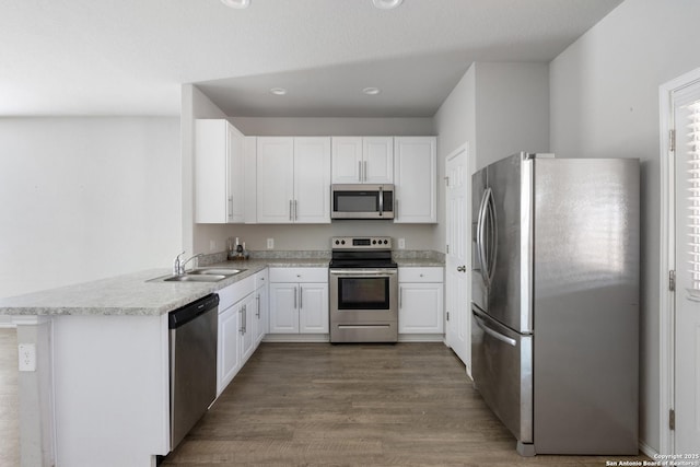 kitchen with kitchen peninsula, stainless steel appliances, sink, hardwood / wood-style flooring, and white cabinets