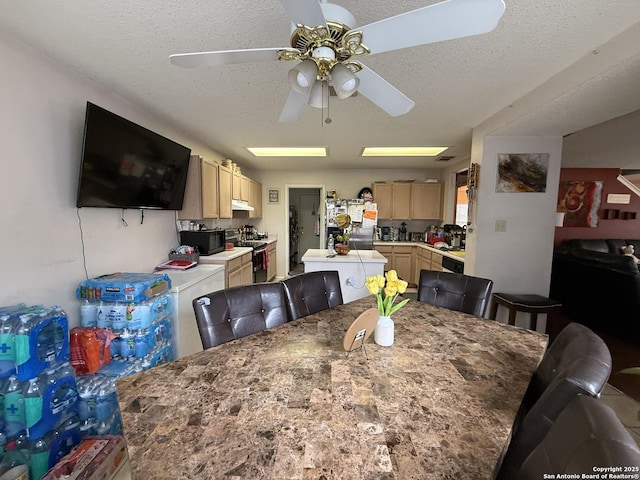 dining area featuring ceiling fan and a textured ceiling