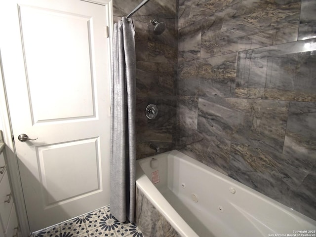 bathroom featuring shower / tub combo and tile patterned floors