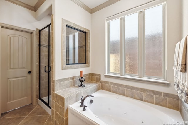 bathroom featuring tile patterned floors, shower with separate bathtub, and crown molding