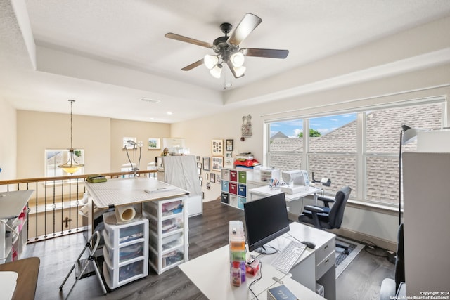 office space with dark hardwood / wood-style floors, a raised ceiling, and ceiling fan