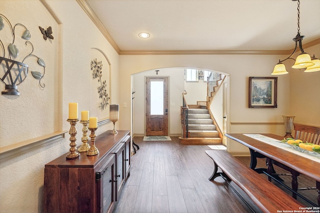 entrance foyer featuring a chandelier, dark hardwood / wood-style flooring, and crown molding