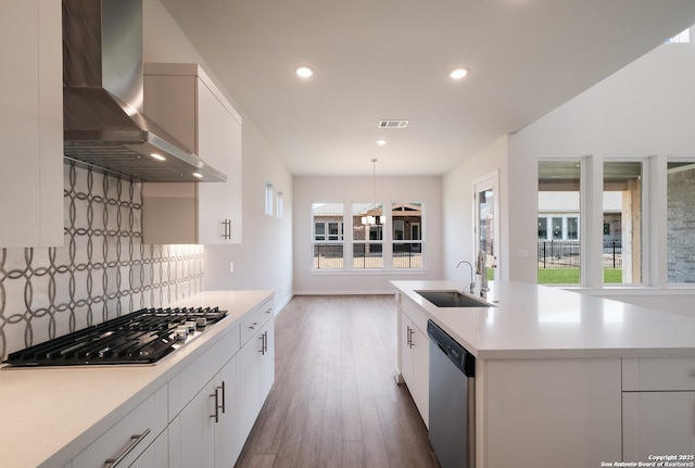 kitchen with white cabinets, sink, wall chimney exhaust hood, and appliances with stainless steel finishes