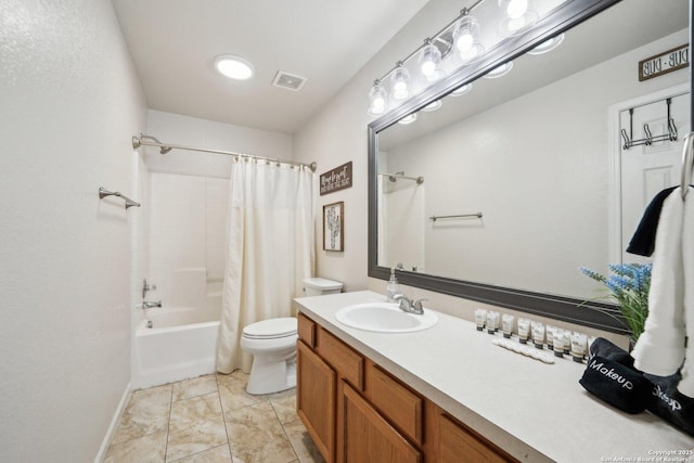 full bathroom with tile patterned flooring, shower / tub combo, vanity, and toilet