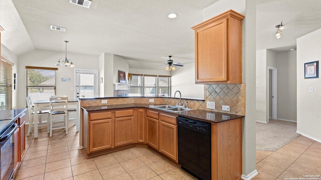 kitchen featuring kitchen peninsula, tasteful backsplash, sink, dishwasher, and range with electric stovetop