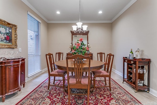 tiled dining area with ornamental molding and an inviting chandelier