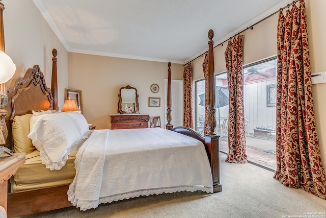 bedroom featuring access to exterior, crown molding, and carpet floors