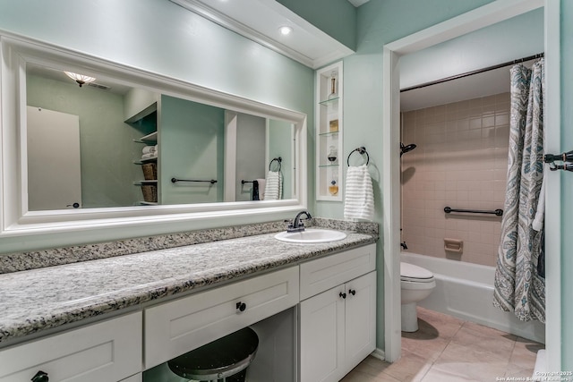 full bathroom with tile patterned flooring, vanity, toilet, and shower / bathtub combination with curtain