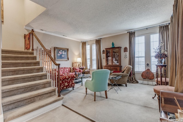 living room featuring crown molding and a textured ceiling