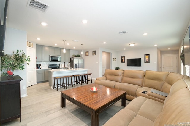 living room featuring sink and light hardwood / wood-style flooring