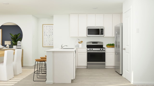 kitchen featuring white cabinets, appliances with stainless steel finishes, kitchen peninsula, and sink