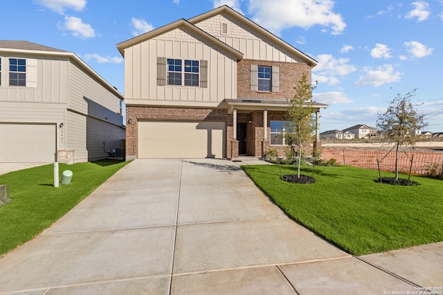 craftsman-style house with cooling unit, a front yard, and a garage