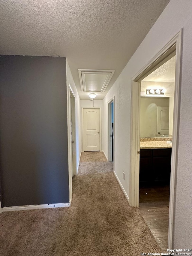 corridor with carpet flooring and a textured ceiling