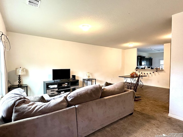 living room with carpet floors and a textured ceiling