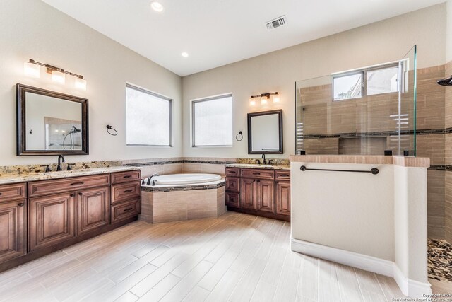 bathroom with vanity and independent shower and bath