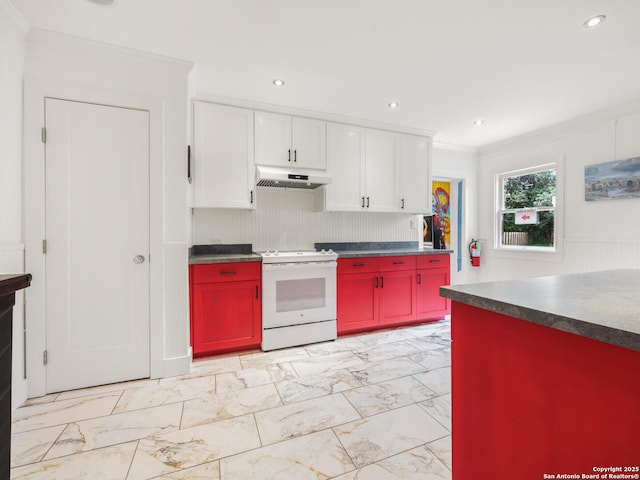 kitchen with white cabinets, white range with electric stovetop, and ornamental molding