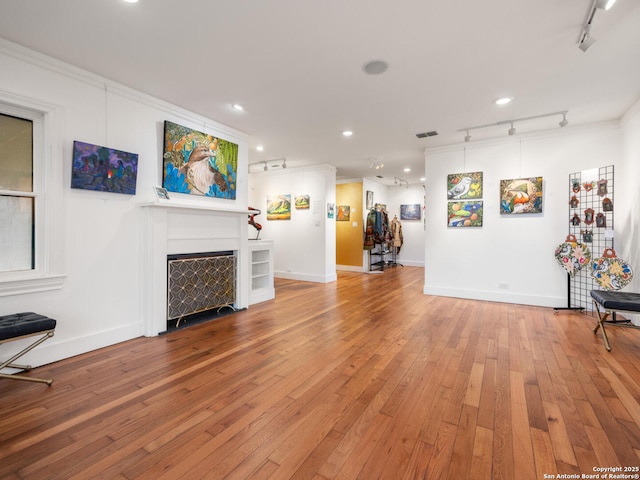 living room featuring light wood-type flooring, rail lighting, and crown molding