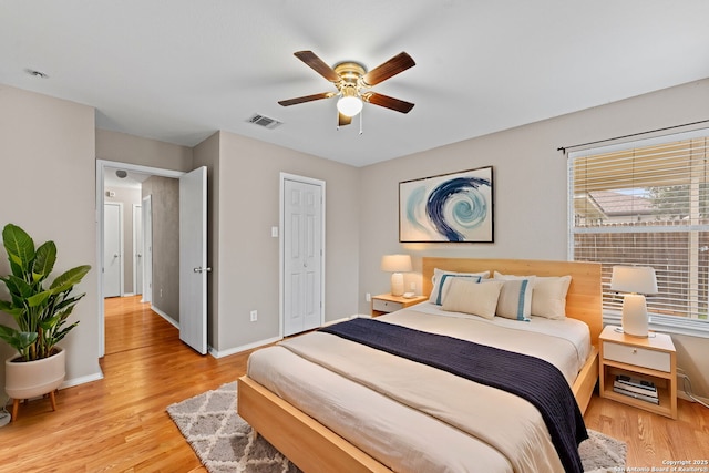 bedroom featuring ceiling fan and light hardwood / wood-style floors