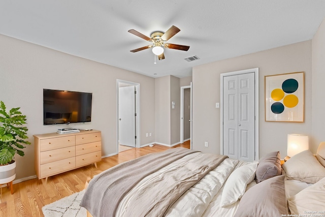 bedroom featuring ceiling fan and light wood-type flooring