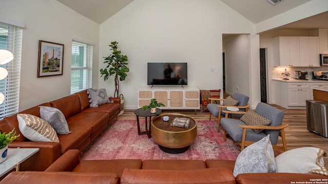 living room with lofted ceiling and light wood-type flooring