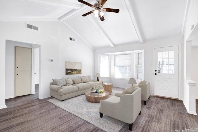 living room featuring ceiling fan, hardwood / wood-style floors, beamed ceiling, and high vaulted ceiling