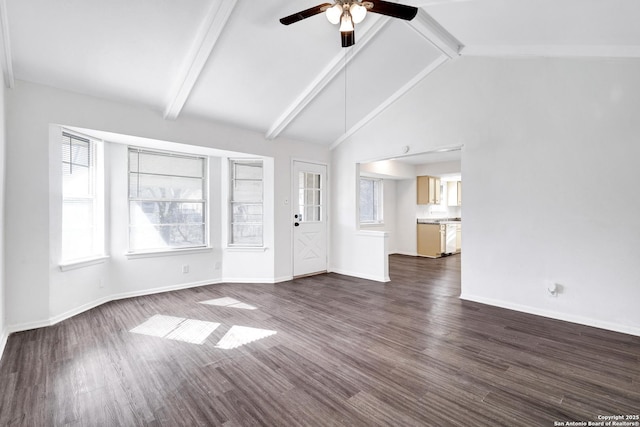 unfurnished living room featuring ceiling fan, beamed ceiling, high vaulted ceiling, and dark hardwood / wood-style floors