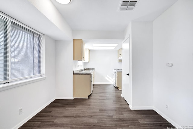 kitchen featuring dark hardwood / wood-style floors, sink, and white gas range oven