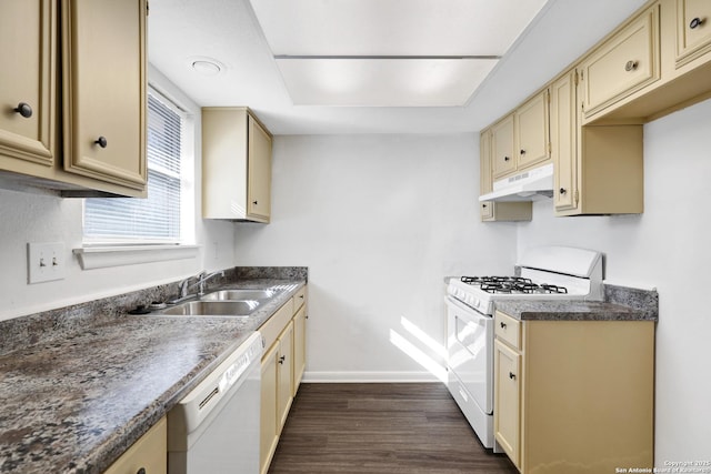 kitchen with dark hardwood / wood-style flooring, sink, and white appliances