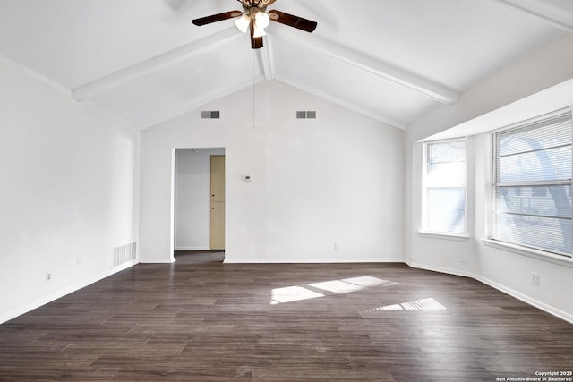 empty room with vaulted ceiling with beams, ceiling fan, and dark hardwood / wood-style floors