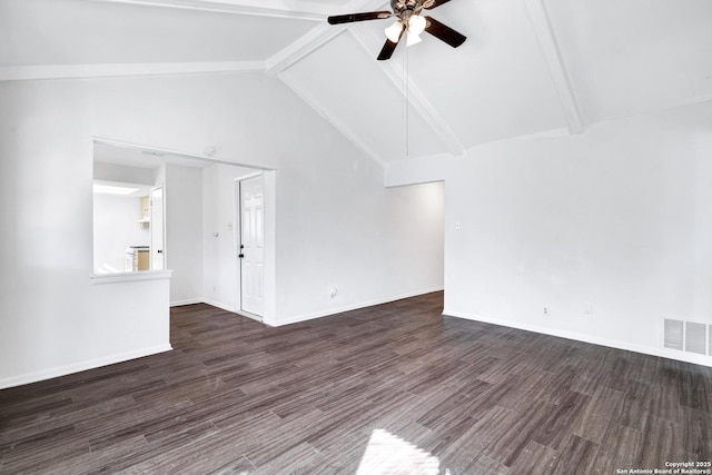 unfurnished living room featuring vaulted ceiling with beams, ceiling fan, and dark wood-type flooring