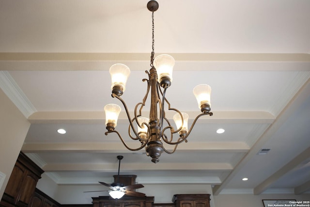 interior details featuring beamed ceiling, ceiling fan with notable chandelier, and ornamental molding