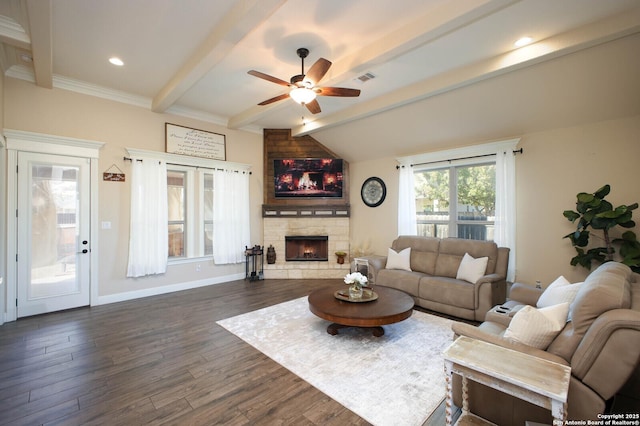 living room with ceiling fan, a fireplace, lofted ceiling with beams, and dark hardwood / wood-style floors