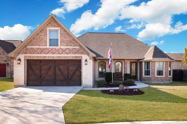 view of front facade with a front yard and a garage