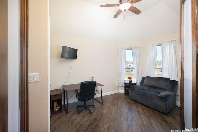 office featuring dark hardwood / wood-style floors and ceiling fan