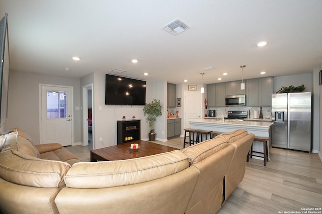 living room featuring light hardwood / wood-style floors and sink