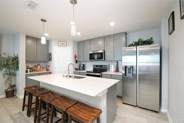 kitchen with tasteful backsplash, sink, stainless steel appliances, and a center island with sink