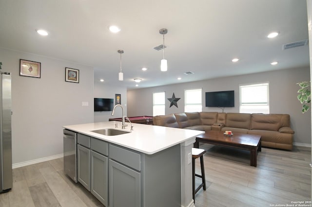 kitchen featuring sink, stainless steel appliances, pendant lighting, light hardwood / wood-style floors, and a center island with sink