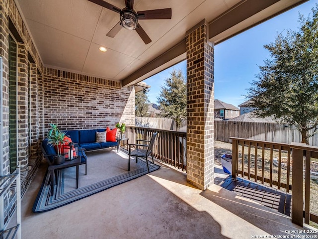 view of patio / terrace featuring ceiling fan and an outdoor hangout area