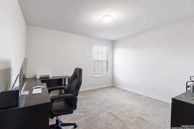 office space featuring carpet and a textured ceiling