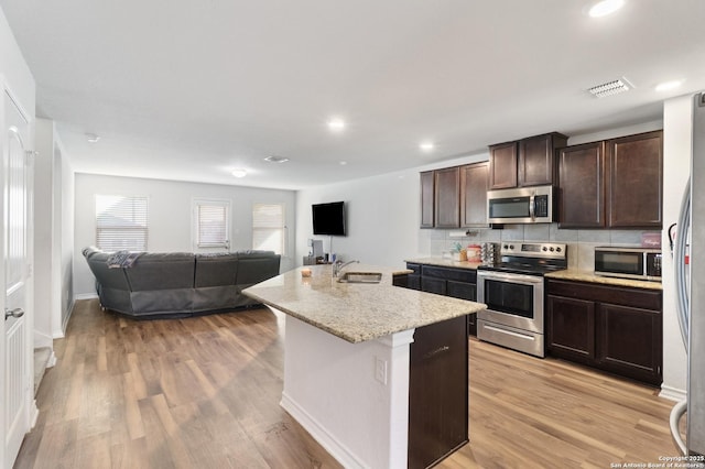 kitchen with a center island with sink, sink, tasteful backsplash, dark brown cabinetry, and stainless steel appliances