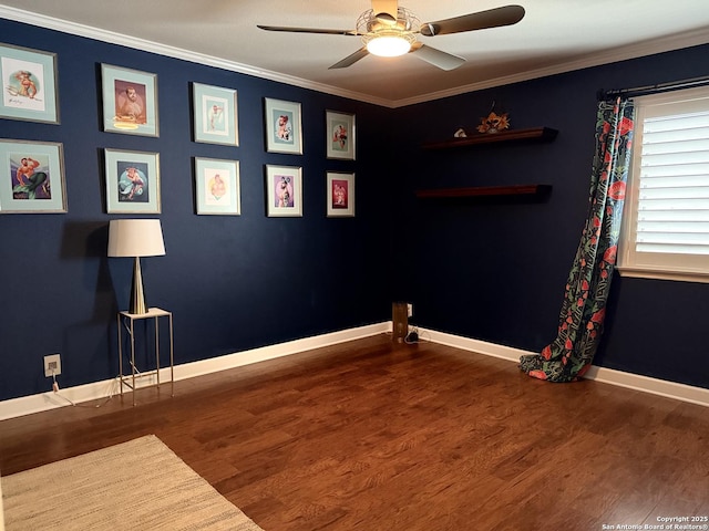 unfurnished room with dark hardwood / wood-style floors, ceiling fan, and ornamental molding