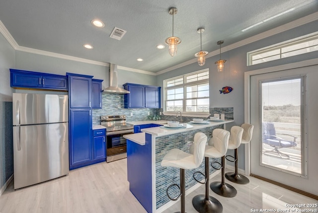 kitchen with kitchen peninsula, blue cabinets, and appliances with stainless steel finishes