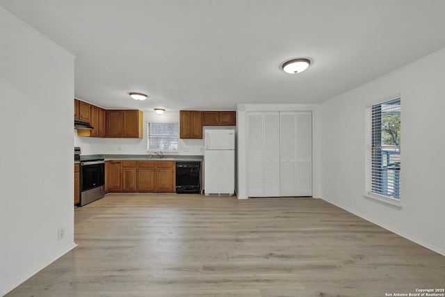 kitchen featuring electric stove, sink, light hardwood / wood-style flooring, black dishwasher, and white fridge