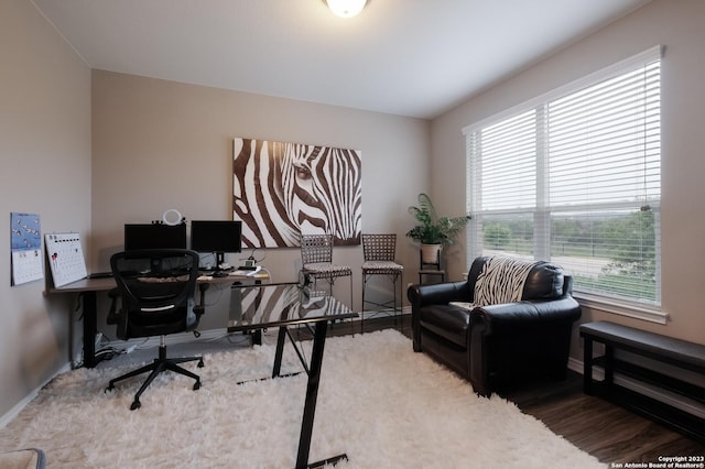 home office with baseboards and wood finished floors