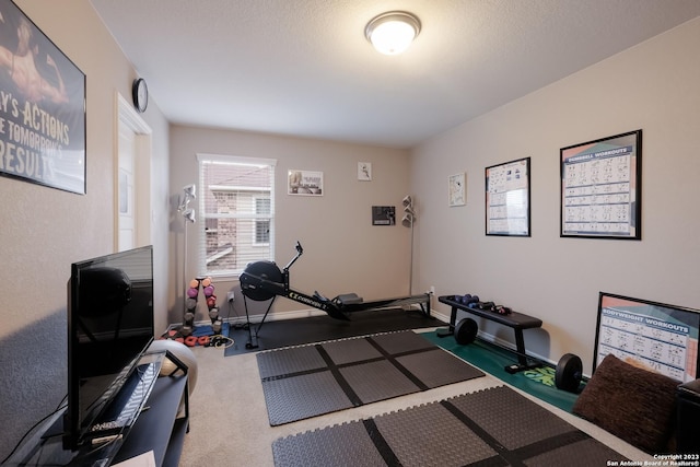 workout area with carpet floors, baseboards, and a textured ceiling