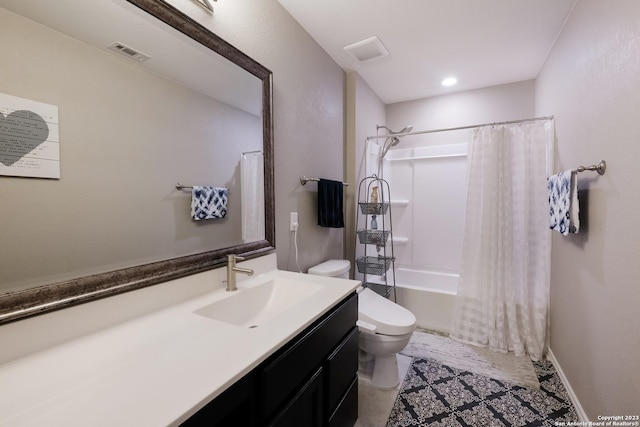 bathroom featuring toilet, visible vents, shower / bath combination with curtain, and vanity